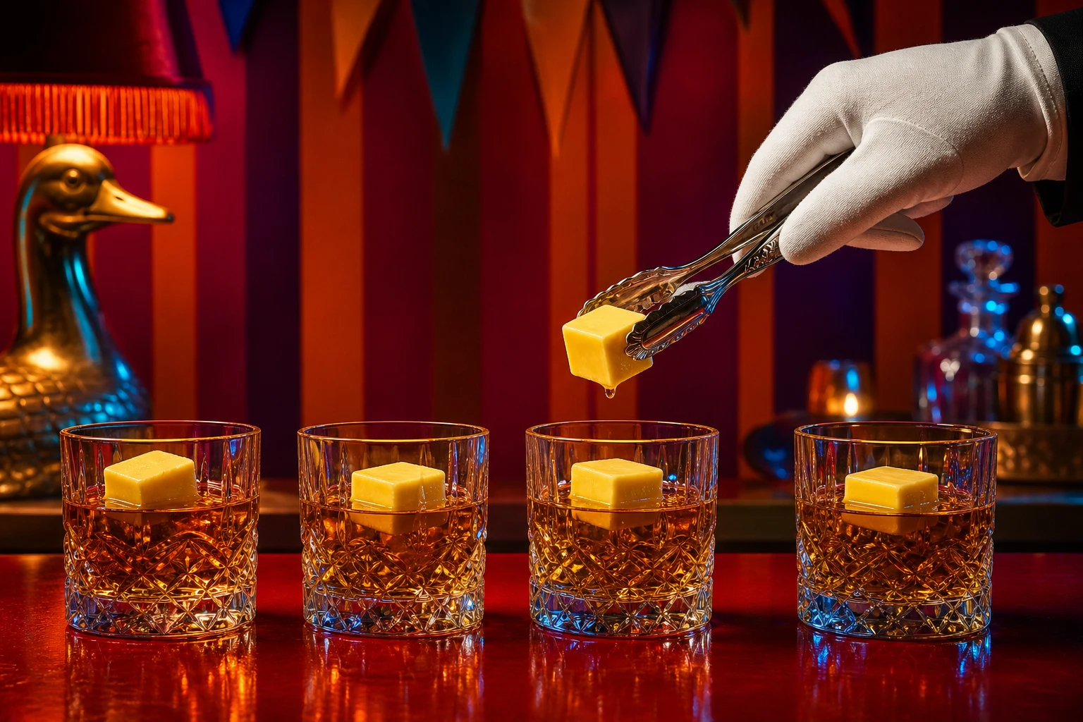 A white-gloved hand ceremonially lowers a golden butter cube into a row of scotch glasses