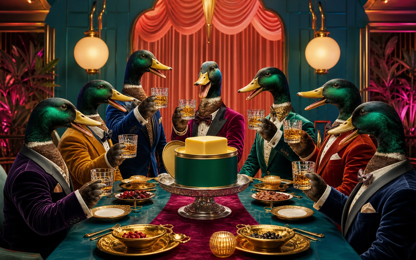 Seven dapper mallards raise scotch glasses around a golden butter product at a colorful banquet