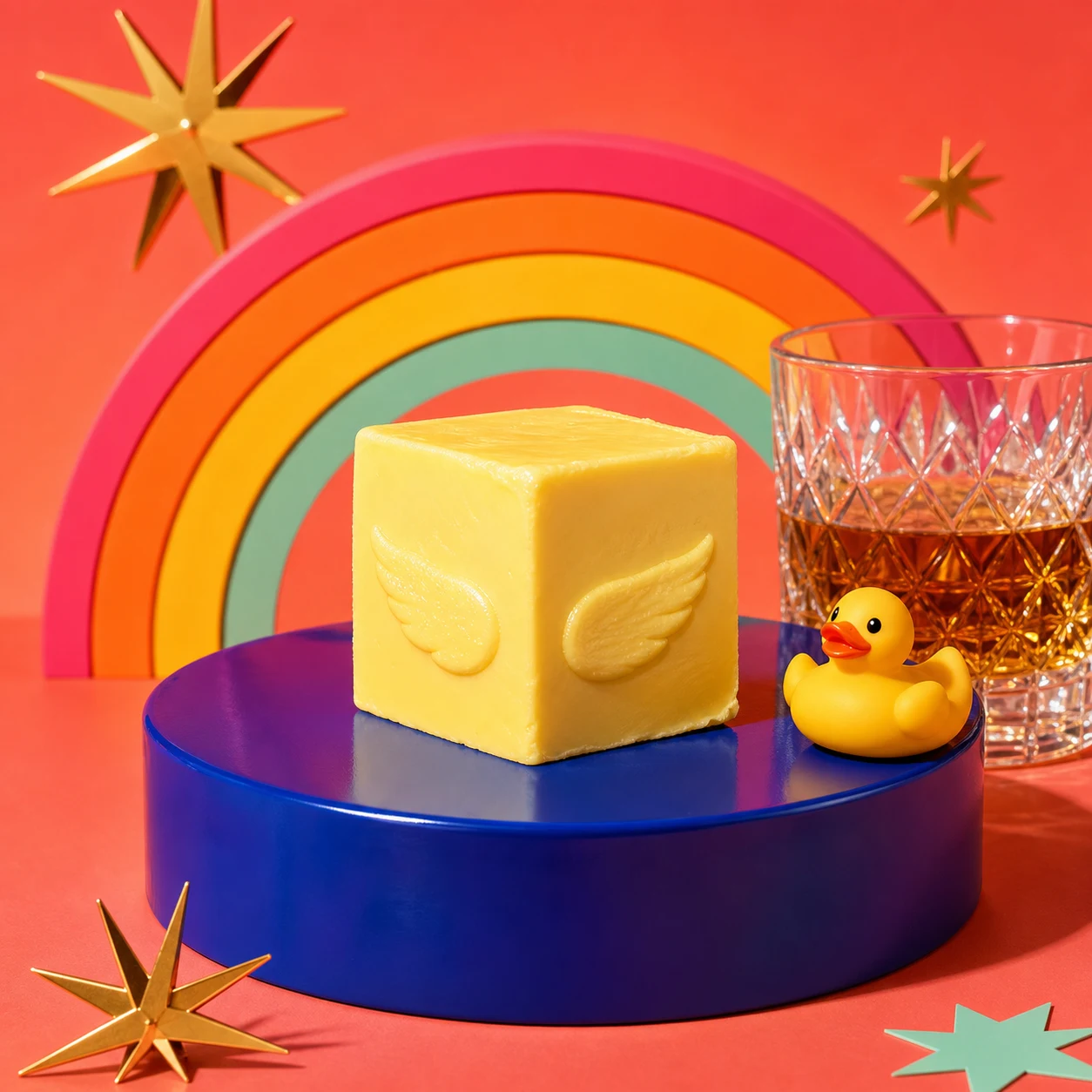 A wing-embossed butter cube, rubber duck, and scotch glass on a colorful rainbow set